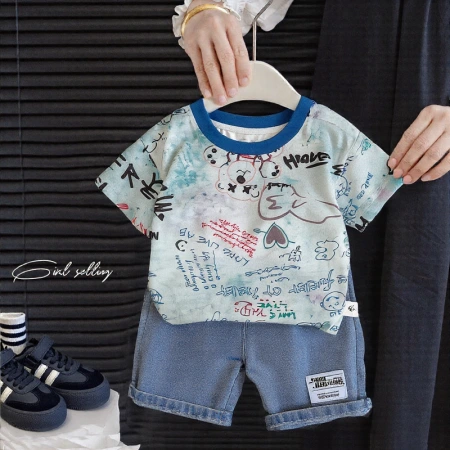 Boys' short-sleeved set 2025 Summer thin style Baby summer thin style children's graffiti Korean version children's clothing consignment Boys' short-sleeved set 2025 Summer thin style Baby summer thin style children's graffiti Korean version children's clothing consignment